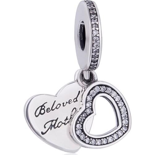 Original Double Heart Beloved Mother WIth Crystal Pendant Beads Fit 925 Sterling Silver Bead Charm Bracelet DIY Jewelry