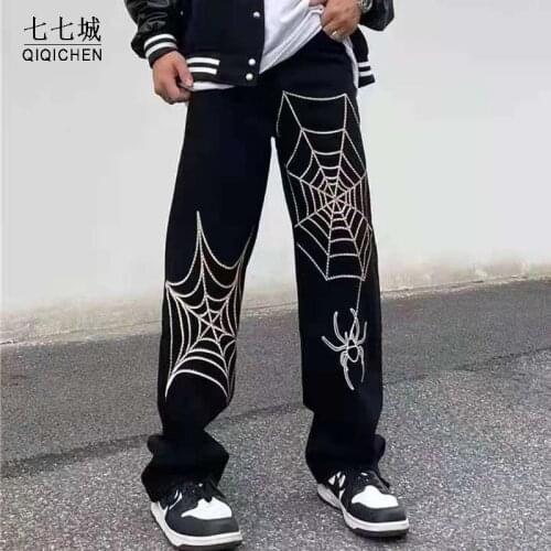 Casual Jeans Pants Men and Women Spider Web Embroidery Straight Vibe Style Ripped Oversized Streetwear Black Denim Trousers 2021