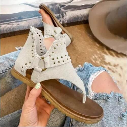 Sandalias romanas de mezclilla con remaches para mujer, zapatos a la moda con remache de espiga, suela plana, blanda