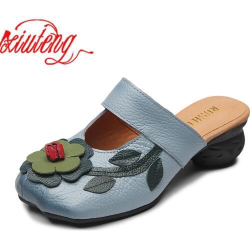 Xiuteng Flower Slippers Genuine Leather Shoes Handmade Slides Flip Flop On The Platform Clogs For Women Woman Slippers Plus Size