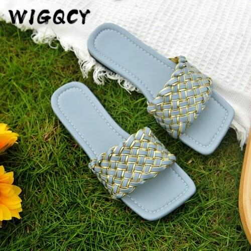 Slides Women Summer Fashion Gold Decoration Flat Slippers Woman Slip on Flat Heel Casual Slides Beach Flip Flops Gingham 43 Size