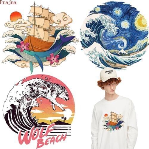 Prajna Whale Boat Iron On Transfer Vinyl Japanese Floating Life Heat Transfer Patches For Clothes Stripes PVC Stickers Appliques