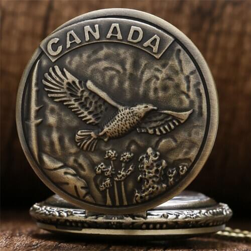 Vintage Bronze CANADA Bird Design Pocket Watch Quartz Necklace Pocket Clock Souvenir Gifts for Men Women reloj de bolsillo