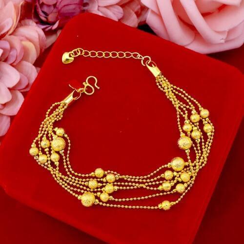 Yellow Gold Color Bracelets for Women Beads Chain Bangle Bracelet Wristband Pulseira Femme Wedding Bridal Jewelry Accessory
