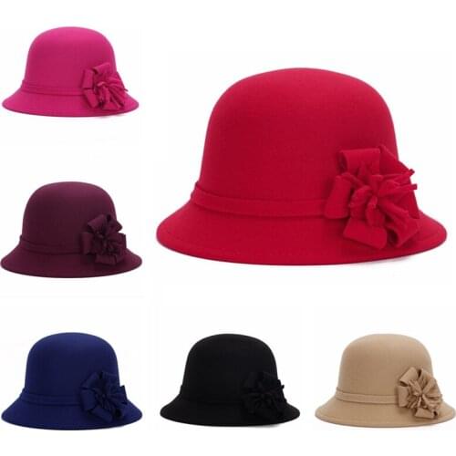 New Women Wool Felt Flowers Fedora Hat Ladies Wide Brim Hat Autumn Winter Noble European American Elegant Girls Party Cap Decor