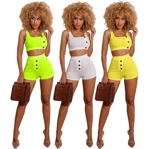 BKLD Casual Neon Color Women Two Piece Sets Fashion Button Decoration Sleeveless Crop Top And Shorts Matching Sets Tracksuits