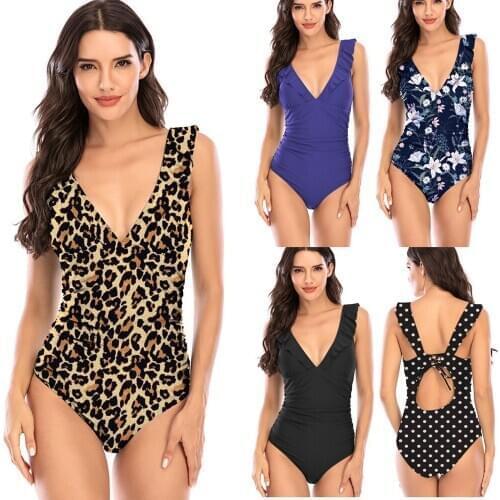 FNOCE 2021 new womens spring womens swimsuits fashion trends leopard one piece swimwear sexy Ruffles v-neck backless beachwear