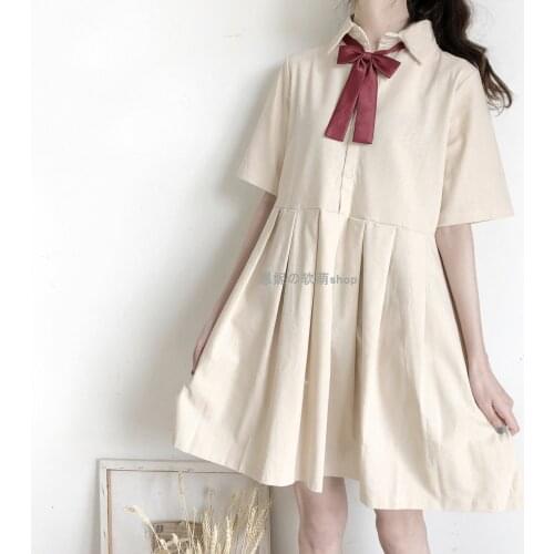 Dress Women Bow-knot Pleated Lapel School Style Harajuku Large Size 2XL Cute Girls Newest Midi Dresses Daily Soft Popular Summer