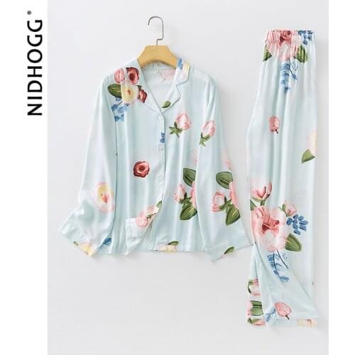 2021 Women Satin Pyjamas Spring Print Long-sleeved Sexy Pajamas Lapel Flower Lounge Wear 2 Piece Viscose Sleepwear Home Clothes