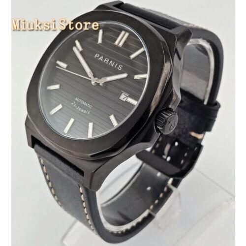 43mm PARNIS mens top luxury watches black case black dial Sapphire glass date leather 21 jewels Miyota movement automatic watch