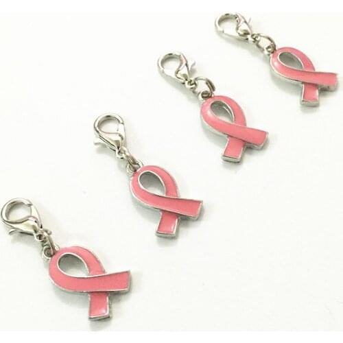 50pc) Wholesale Lead and Nickle Free Alloy Lobster Loop Breast Cancer Charms Pink Ribbon Awareness Drop