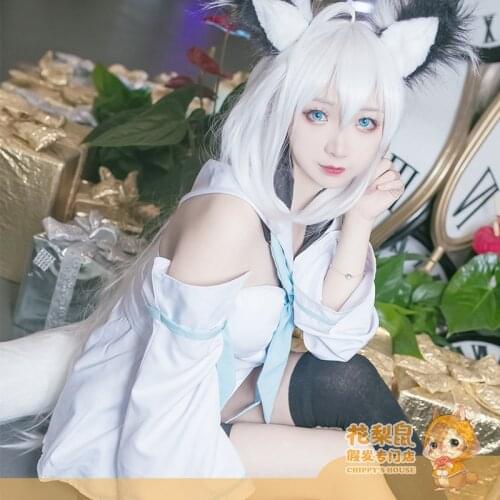 Youtuber Hololive Shirakami Fubuki White Straight Cos Wig with Ears Heat Resistant Synthetic Cosplay Hair Vtuber Fox Wig 100cm