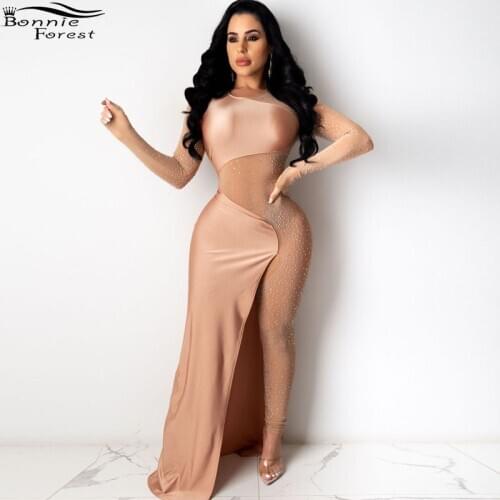 Bonnie Forest Beautiful See Through Crystal Jumpsuit Gown Sparkle Long Sleeve Sequins Bodycon Rompers Chirstmas Party Outfits