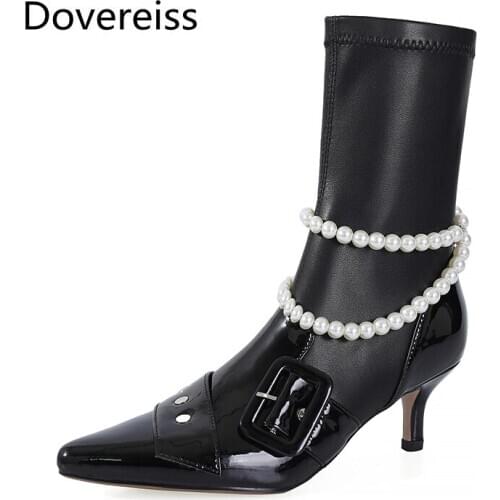 Dovereiss Fashion Womens Shoes Winter new Elegant Pure color Slip on Stilettos heels Metal chain Ankle boots Concise 34-39