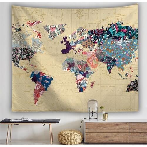 Hippie Boho Map Tapestry Wall Hanging Psychedelic Tapestry World Map Abstract Retro Farmhouse Decor Wall Carpet Blanket Mattress
