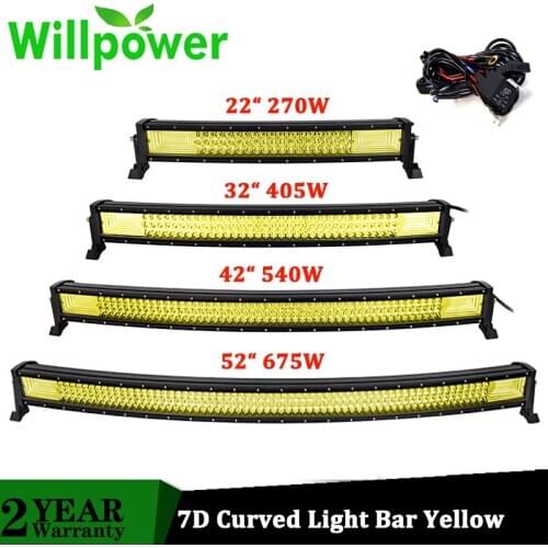Willpower 3-Row 22" 32" 42" 52" Curved LED Bar 540W 675W Yellow LED Light Bar with Wiring Kit for 4x4 4WD SUV ATV 12V 24V