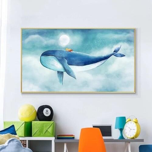 Anime Blue Whale And Kid Canvas Painting Modern Cartoon Seascape Posters And Prints Home Decor Cuadros Wall Picture For Kid Room
