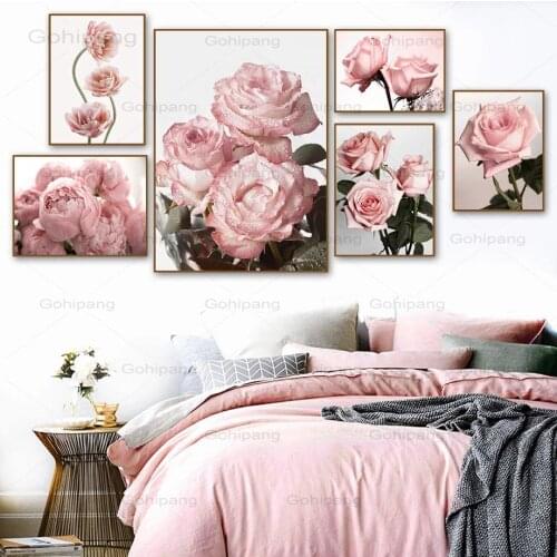 Canvas Painting Scandinavian Pink Flower Rose Wall Art Posters And Prints Nordic Modern Wall Art Pictures For Living Room Decor