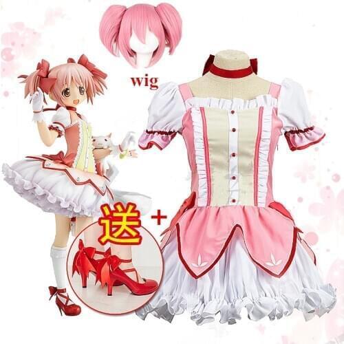 Puella Magi Madoka Magica Magical Girl Kaname Madoka Cosplay Costume Short Ball Dress With shoes +wig Cosplay Costume