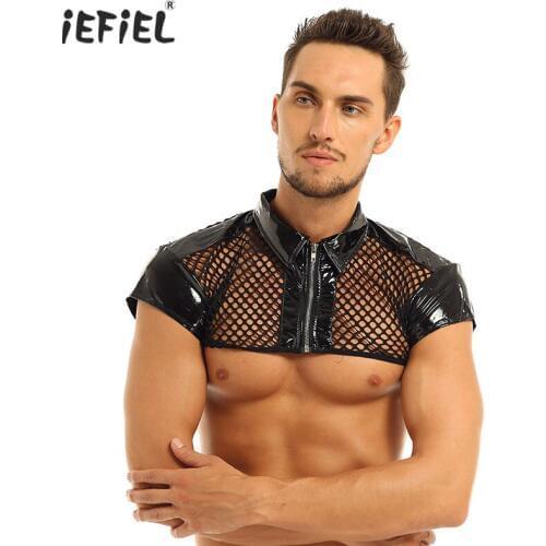 Mens Patent Leather See Through Mesh Fishnet Crop Tops Cap Sleeves Chest Harness Shirt Muscle Half Tank Top Costumes Clubwear
