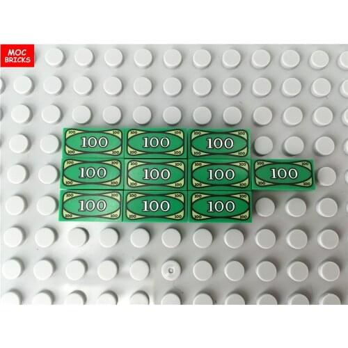 10pcs\lot MOC Tile 1 x 2 with 100 Dollar Bill Money Pattern fit with 3069bpx7 blocks bricks DIY Toys for children Xmas Gifts