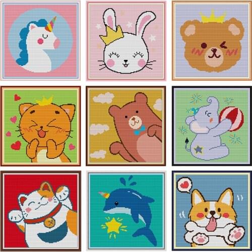 DIY Simple Pattern Series Cross Stitch Kits Cute Cartoon Animal 14CT 11CT Count Printed Canvas Embroidery Set Needlework Crafts