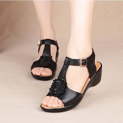 Summer New Middle-aged Womens Sandals Genuine Leather Cowhide Wedged Sandals Mothers Shoes Large Size 43 Sandalias Mujer