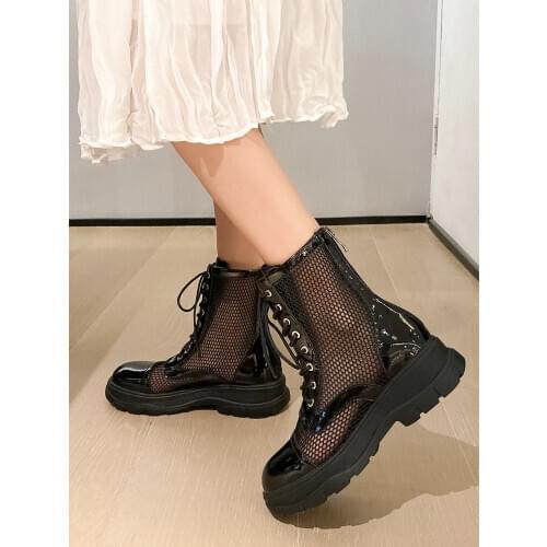 EshtonShero NEW Mesh Sandals Summer Boots Women Mesh Ankle Boots Leather Square Flats Heel Round Toe Shoes Hollow out Back