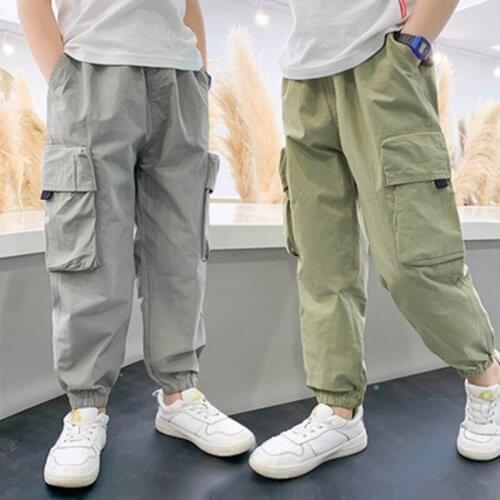 New Summer Cargo Pants for Kids Boys Pure Color Cool Trousers Pocket Loose Cotton Sport Running Pants for Teens Boys 5-14 Years