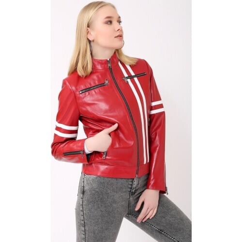 New Women Spring Autumn Genuine Leather Jacket Motorcycle Moto Biker Red Jacket Striped Stand Collar Lambskin Bomber High Street