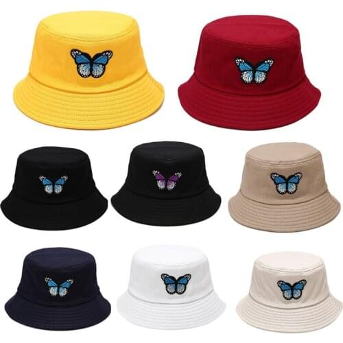 Women Men Butterfly Embroidery Bucket Hat Harajuku Hip Hop Candy Color Wide Brim Sunscreen Cotton Panama Fisherman Cap