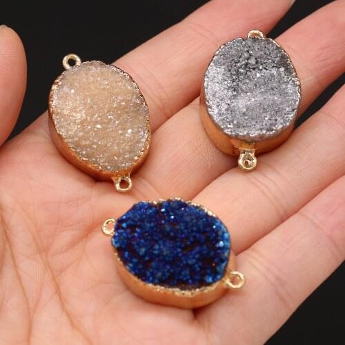 Fine Natural Druzy Agates Pendants Oval Double Hole Connectors for Jewelry Making Women Necklace Crafts