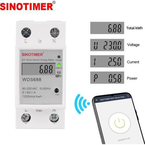 90-250VAC Din Rail Remote Control Single Phase Din Rail WIFI Smart Wireless Timer Switch Monitoring Power Consumption with Power