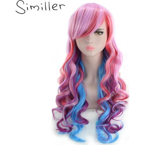 Similler Long Curly Synthetic Wigs for Women Cosplay High Temperature Fiber Multicolor Red Pink Green