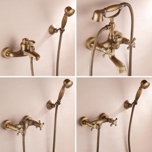 Bathroom Retro antique copper Brass Bathtub Shower Set Wall Mounted Rainfall Shower Mixer Tap Faucet 3-functions Mixer Valve