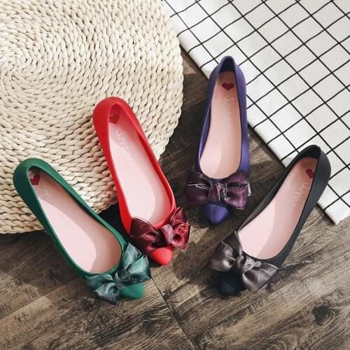 Pointed toe ribbon bow-tied flower loafers plastic waterproof jelly shoes solid soft soled anti-skid flats moccasins women shoes