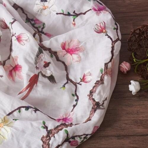 High quality ramie fabric Embroidery Heavy Industry Flower and Bird Fine Embroidery tissu High-end clothing tissus