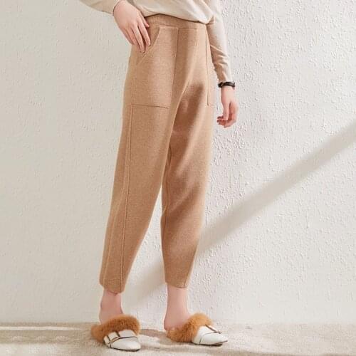 High-End Custom Cashmere Autumn Winter Women Pants Knitting Elastic Waist Wide Leg Pockets Ankle-Length Harem Lady Warm Trousers