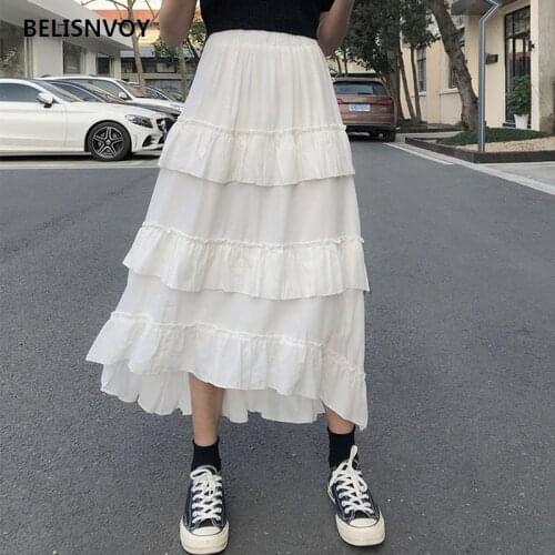 Midi Long Harajuku Skirt Womens Maxi Skirt Goth Lolita Summer High Waisted Asymmetrical High Low Ruched Ruffle Skirts Rok
