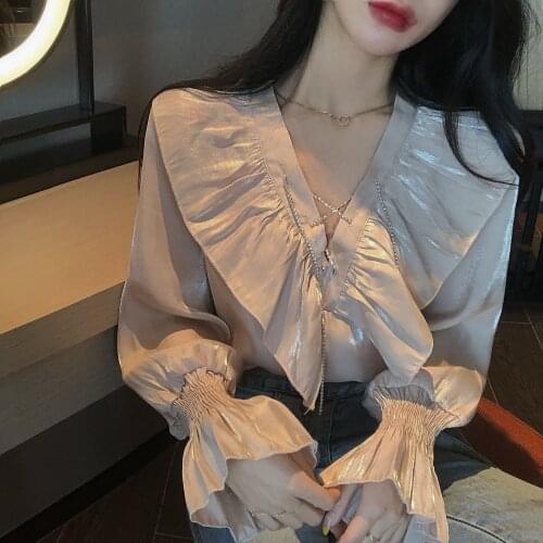 Blouse Women Autumn 2020 Vintage Ruffled Long-Sleeved V-neck Shirt Jacket Blusas Ropa De Mujer