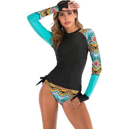 Rashguard Women Long Sleeve Sexy Swimsuit Sun Protection Guard Zipper SwimwearTwo Piece Print Surf Shirt Top Triangle Bottom -40