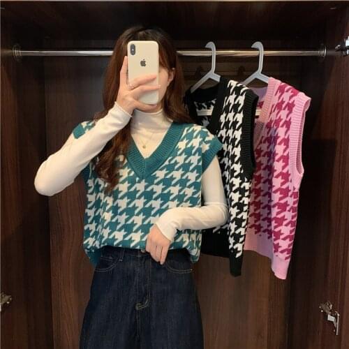 Women Knitted Sweater Vests Sweet Cute Girls Geometric Pullover V Neck Pink Slim Sleeveless Outwear Chic Korea Knitwear Sweaters