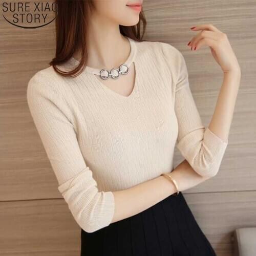 Autumn and Winter Sweaters Women Korean Fashion 2021 New Pullover V-neck Knitted Solid Long Sleeve Slim Fit Women Sweaters 10609