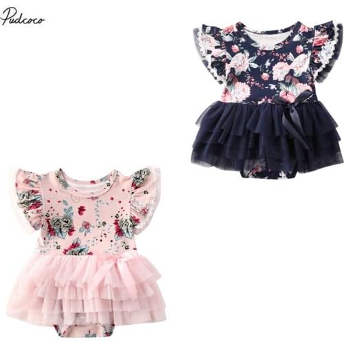 2020 0-24M Newly Summer Infant Baby Girls Sweet Romper Dress Lace Floral Print Ruffles Sleeve Jumpsuits Party Sundress 2 Colors