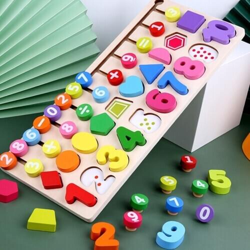 4 in 1 Montessori Children Education Wooden Toys Board Math Fishing Preschool Wooden Montessori Toy Counting Geometric Toys