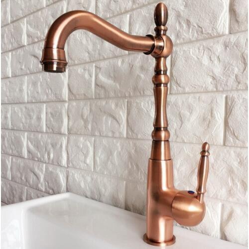 Antique Red Copper Brass Bathroom Kitchen Basin Sink Faucet Mixer Tap Swivel Spout Single Handle One Hole Deck Mounted mnf420