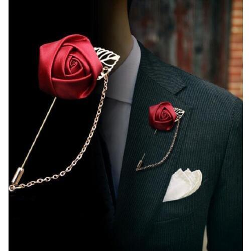 Brooch Flower with chain for Best Man Groom Groomsman Silk Rose Flower Wedding Suit Accessories metal Pin Decoration
