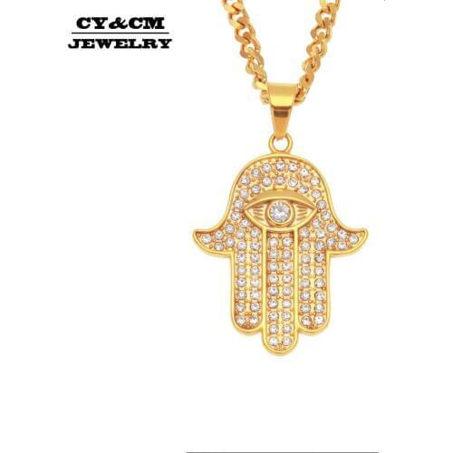 CY&CM Stainless Steel Gold Color Hamsa Hand Pendant Iced Out Rhinestone Hand of Fatima Charm Rapper Hip Hop Jewelry Cuban Chain
