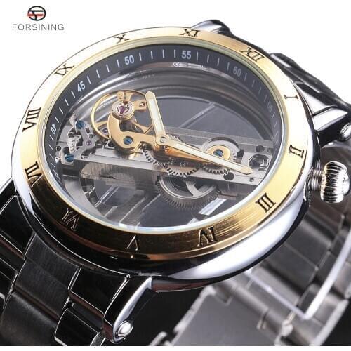 New FORSINING New Fashion Luxury Brand Golden Bridge Skeleton Automatic Mechanical Stainless Steel Strap Men Wrist Watch