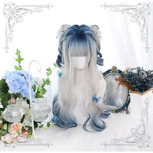 Long Wavy Female Wig Blue White Ombre Wigs Heat Resistant For Women Fairy Cosplay Party